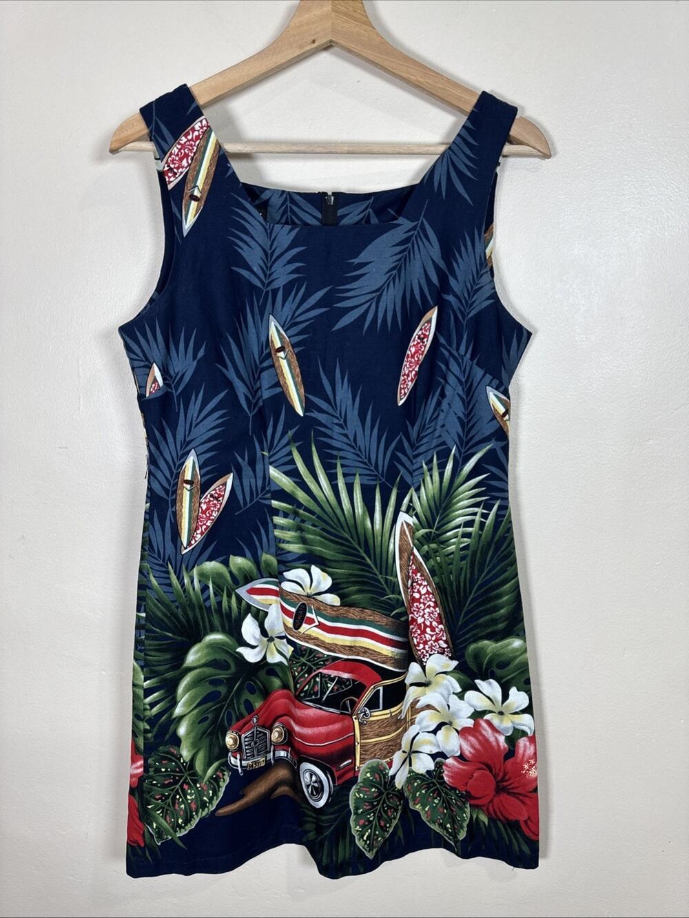 VTG Shannon Marie Hawaiian Dress Car Surfboard Floral S Tropical Twee Vacation